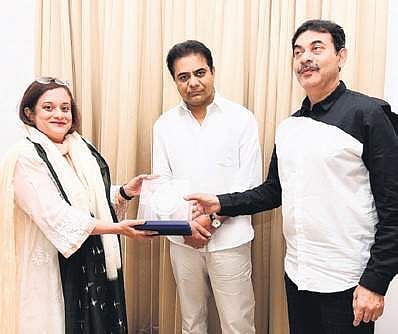 Nasscom president Debjani Ghosh, IT Minister KT Rama Rao and  IT secretary Jayesh Ranjan at a meeting on artificial intelligence in Hyderabad on Friday