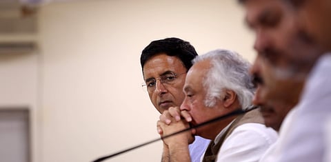 Congress leaders Randeep S Surjewala Jairam Ramesh AK Anthony and KC Venugopal during a press conference at AICC HQ in New Delhi. (Photo | PTI)