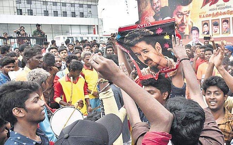 Fans celebrate the release of Bigil in Chennai on Friday |  P Jawahar