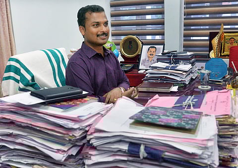Mayor V K Prasanth in his office at the city corporation for the first time after winning the Vattiyoorkavu assembly bypolls. (Photo | Vincent Pulickal, EPS)