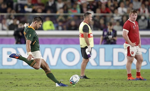South Africa's Handre Pollard kicks a penalty during the Rugby World Cup semifinal at International Yokohama Stadium between Wales and South Africa in Yokohama. (Photo | AP)