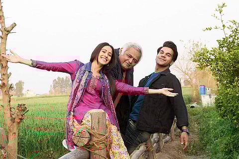 Actor Nushrat Bharucha with director Hansal Mehta and actor Rajkummar Rao on the sets of 'Turram Khan'.