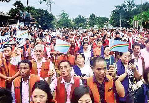 Naga tribesmen hold Naga flags. (PTI file photo used for representational purpose only)
