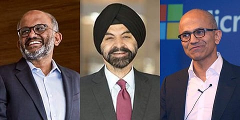Adobe CEO Shantanu Narayen, MasterCard CEO Ajay Banga and Microsoft chief Satya Nadella. (Photo | Twitter)