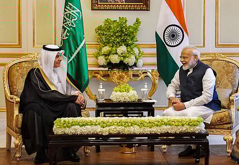 Prime Minister Narendra Modi with Saudi Arabia s Minister of Energy Prince Abdulaziz bin Salman Al Saud during a meeting in Riyadh Saudi Arabia. (Photo | Twitter)