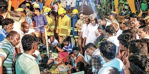 Rescue operation under way to bring out two-year-old Sujith Wilson who fell into a borewell near Manapparai in Tiruchy on Friday | EPS