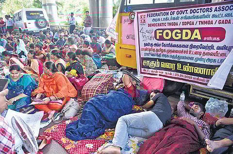 Government doctors protesting at Rajiv Gandhi Government General Hospital in city on Monday | R Satish Babu