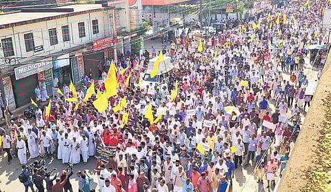 Members of the Jacobite faction marching to Devalokam Bishop’s Palace, the Orthodox Syrian Church headquarters, in Kottayam on Wednesday | Vishnu Prathap