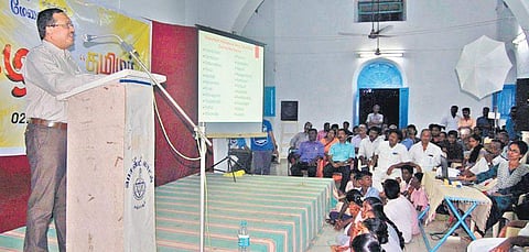 Amarnath Ramakrishna, who led the initial phases of excavation at Keezhadi, speaking at a meeting on Keezhadi excavations, in Thanjavur | express