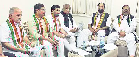 Congress leaders at the core committee meeting held at Gandhi Bhavan in Hyderabad on Tuesday (Photo | EPS,RVK Rao)