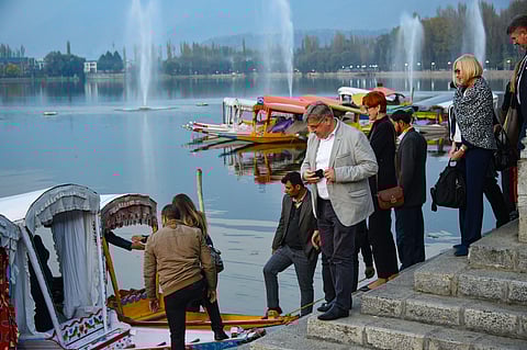 Members of European Union Parliamentary delegation board a shikara ride at Dal Lake in Srinagar ((Photo| PTI)
