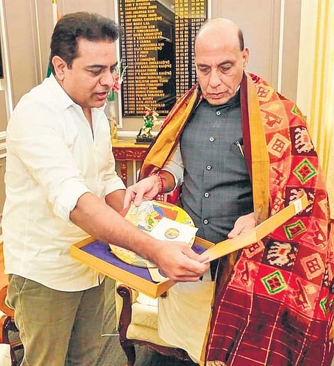 MA&UD Minister KT Rama Rao with Union Home Minister Rajnath Singh in New Delhi on Wednesday