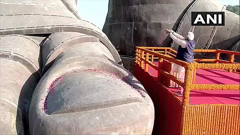 Prime Minister Narendra Modi pays tribute to Sardar Vallabhbhai Patel at Statue of Unity in Kevadia, Gujarat. (Photo | ANI Twitter)