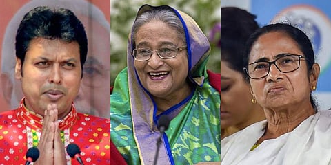 Tripura CM Biplab Deb, Bangladeshi PM Sheikh Hasina and West Bengal CM Mamata Banerjee. (Photos PTI, AP)