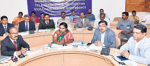 Telangana Governor Tamilisai Soundararajan speaks at a review meeting with the Vice-Chancellors of all 15 Telangana Universities, in Hyderabad on Thursday