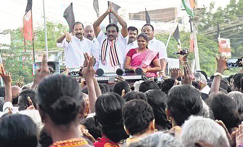 Flanked by ministers, AIADMK Nanguneri candidate V Narayanan campaigning  on Friday | Express
