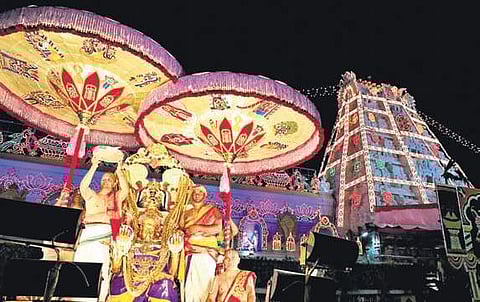 Lord Malayappa Swamy takes ride on his favourite carrier, Garuda, at Tirumala on Friday