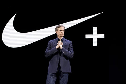 Nike CEO Mark Parker speaks during a news conference in New York. Parker has found himself at the center of doping scandal that has brought down renown track coach Alberto Salazar, who ran an elite training program bankrolled by the world’s largest sports