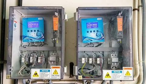 Water meters showing an aggregate of the number of litres consumed in an apartment in Chennai