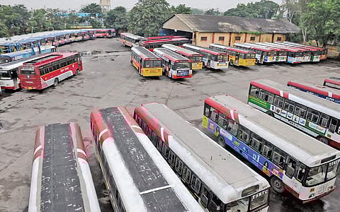 TSRTC buses parked at the Barkatpura bus depot as the state-wide strike of RTC employees entered its third day in Hyderabad on Sunday 
