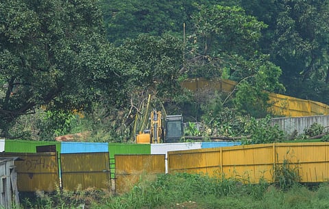 A view of a construction site of a metro train parking shed at Aarey Colony Mumbai Monday. The Supreme Court on Monday restrained authorities from cutting any more trees in Mumbai's Aarey colony for a Metro car shed before further hearing on Oct. 21. (Pho
