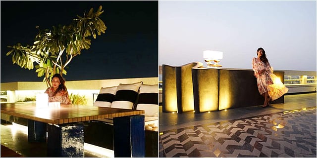 Gauri has always talked about her love for statement pieces like this sculptured bar table she is leaning against on Karan Johar's terrace. (Photos | Instagram)