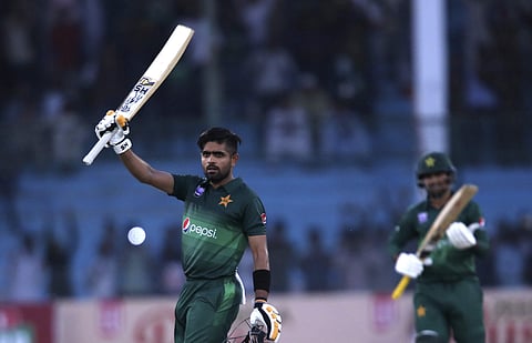 Babar Azam celebrates a hundred. (Photo | AP)