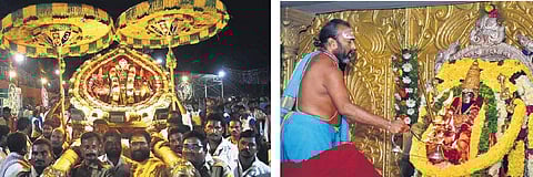Goddess Kanaka Durga being taken out in a procession in Vijayawada on Monday; (right) a priest offering harathi to the presiding deity; (below) Bhavani devotees relinquish deeksha at Durga temple | Express