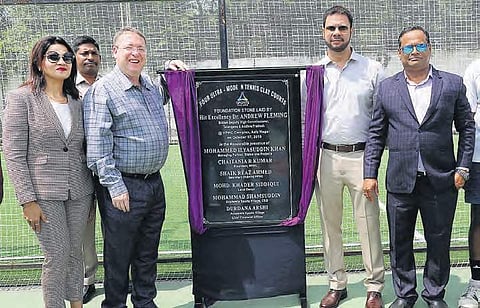 British Deputy High Commissioner Andrew Fleming, along with Mohammad Shamsuddin, CEO, ASV laying the foundation stone for tennis clay courts in Hyderabad Polo and Riding Club (HPRC) on Monday