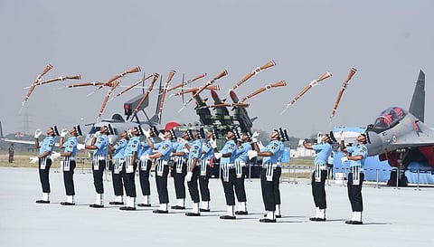 IAF personnel display their skills with rifles during the 87th Indian Air Force Day celebrations at Hindon Airbase in Ghaziabad. (Photo | Parveen Negi, EPS)