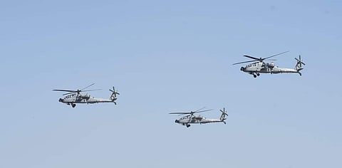 Newly-inducted IAF helicopters 'Apache' perform during the 87th Indian Air Force Day celebrations at Hindon Airbase in Ghaziabad. (Photo | Parveen Negi, EPS)