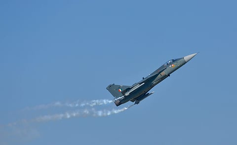 IAF aircraft 'Tejas' performs during the 87th Indian Air Force Day celebrations at Hindon Airbase in Ghaziabad