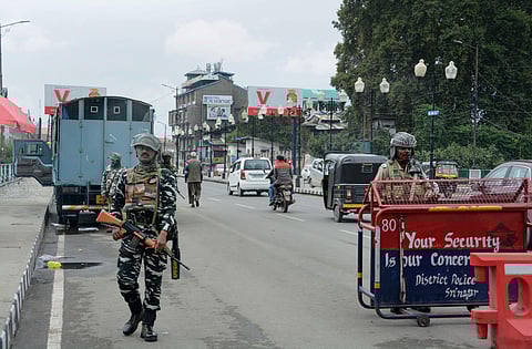 Security personnel stand guard on the 64th day of strike after the abrogration of Article 370A and bifurcation of State in Srinagar Monday Oct. 7 2019. | (Photo | PTI)