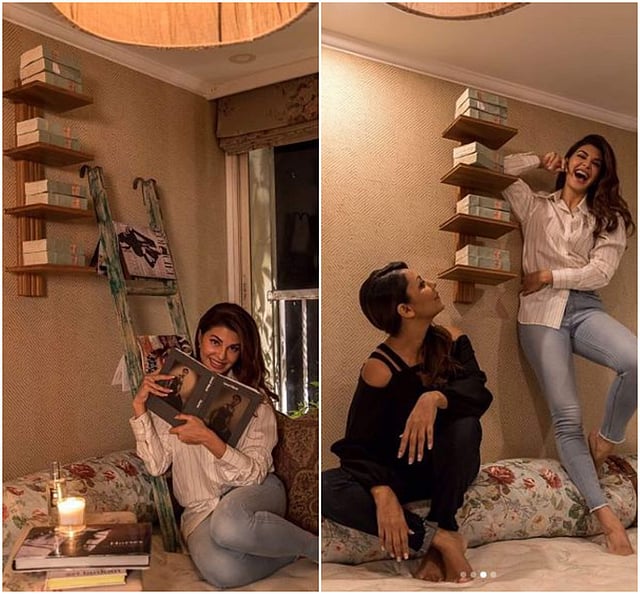 Large windows, wall artwork and quirky accessories, a large lamp, a distressed ladder converted into a magazine rack, lots of comfy cushions and a chic bed tray - we love every element that Gauri has added in Jacqueline's room! (Photos | Instagram)