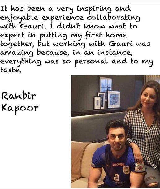 The stunning chandelier piece in Ranbir Kapoor's living area at his Pali Hills residence is just one of the several experimental designs Gauri did for the 'Rockstar' actor. Read the client's testimonial to see how impressed he was! (Photo| Instagram)