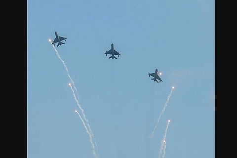 Wing Commander Abhinandan Varthaman leads a 'MiG formation' while flying an MiG Bison aircraft during the 87th Indian Air Force Day Parade (Photo | PTI)