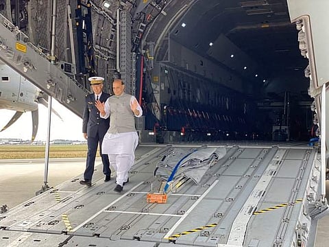Rajnath Singh arrives for Rafale handover ceremony. (Photo| Twitter)