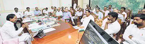 Chief Minister K Chandrasekhar Rao in talks with officials at Pragathi Bhavan in Hyderabad on Monday