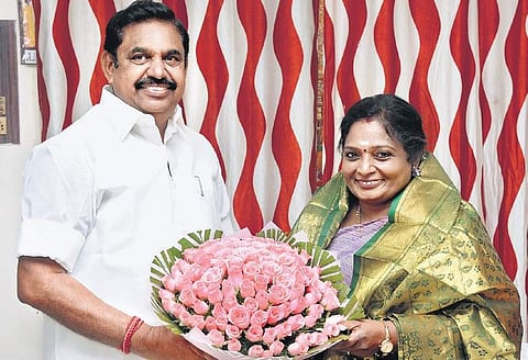 Chief Minister Edappadi K Palaniswami calling on Telangana Governor Tamilisai Soundararajan at her residence in Chennai on Monday| Special Arrangement