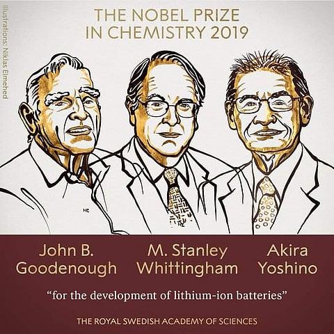 The 2019 Nobel Prize in Chemistry has been awarded to John B. Goodenough, M. Stanley Whittingham and Akira Yoshino. (Photo| Twitter)