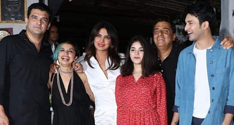 L-R: Producer Siddharth Roy Kapur, director Shonali Bose, actress Priyanka Chopra, Zaira Wasim, producer Ronnie Screwvala and actor Rohit Saraf at the wrap up of 'The Sky is Pink'. (Photo | Twitter)