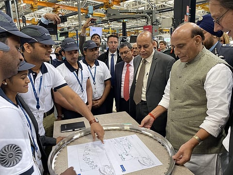 Defence Minister Rajnath Singh at an engine manufacturing facility of Safran at Villaroche near Paris. (Photo| Twitter)