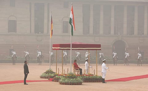 German Chancellor Angela Merkel during her ceremonial reception at the Rashtrapati Bhawan in New Delhi. (Photo |Shekhar Yadav, EPS)