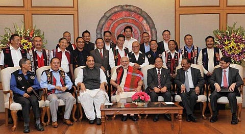 Prime Minister Narendra Modi with Union Home Minister Rajnath Singh, NSCN (IM) General Secretary, Thuingaleng Muivah, NSA, Ajit Doval and others at the signing ceremony of a historic peace accord between Government of India & NSCN, in New Delhi. (Photo | 