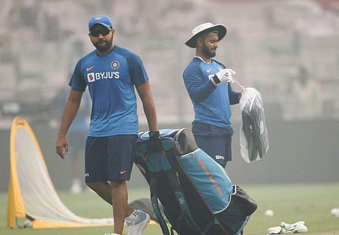 Rohit Sharma (L) and Rishabh Pant during a practice session in Delhi (Photo | BCCI Twitter)