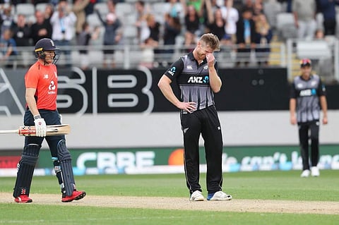 New Zealand’s James Neesham reacts during the 5th Twenty20 cricket match between New Zealand and England at Eden Park in Auckland. (Photo | AFP)