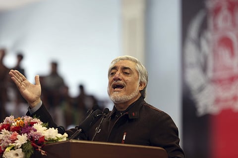 Afghan presidential candidate Abdullah Abdullah speaks to his supporters at a gathering in Kabul, Afghanistan, Sunday. Abdullah has unilaterally withdrawn his team's election observers from an official recount of ballots ahead of long-delayed election res