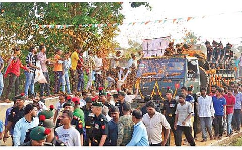 The mortal remains of Rahul Sulgekar being carried in a procession, in Belagavi on Saturday| Ashishkrishna HP