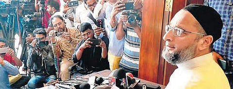 AIMIM National president and Hyderabad MP Asaduddin Owaisi addressing a press conference in Hyderabad. (Photo | EPS)