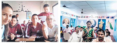 Class IX students from Colombia, South America interacting with Class IX student Priyanka of Ilavaram Zilla Parishad High School in Bhattiprolu, Guntur I Express